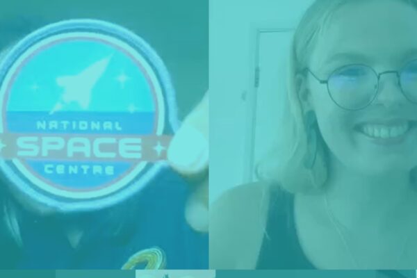 Stemette Lucy smiling as someone holds up a National Space Centre badge at a virtual Stemettes Event. The image has a blue overlay.