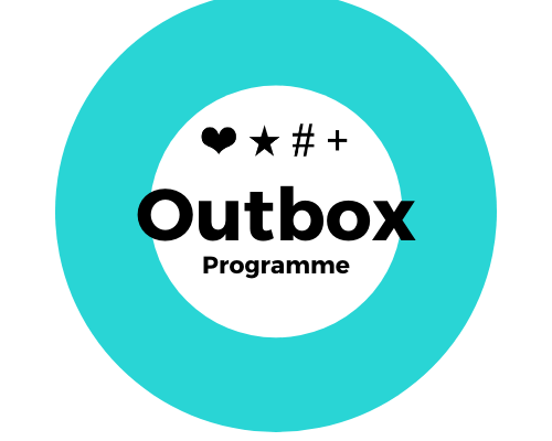 Blue circle with white centre containing black text reading 'Outbox Programme' and 4 emoticons.