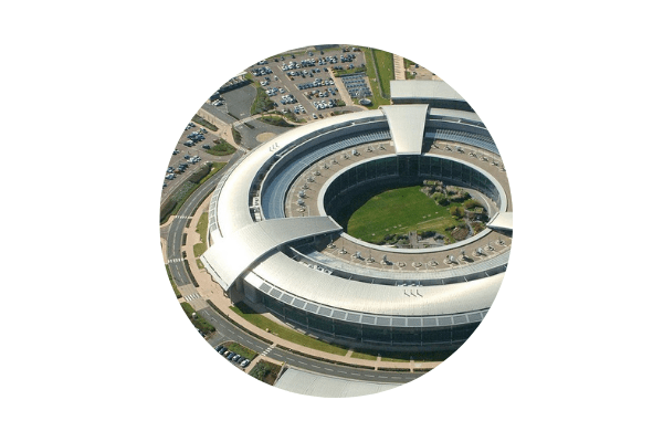 Circular image of GCHQ Headquarters.
