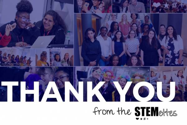A thank you card from the Stemettes with blue overlayed images of Stemettes at events.