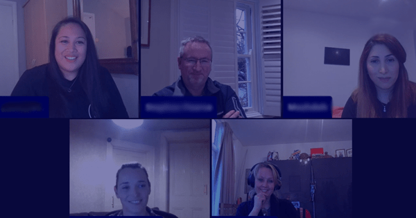 An MS Teams screenshot of the AngloAmerican and DeBeers panel attendees smiling. The image has a blue overlay.