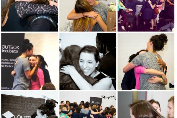 A collage of Outbox incubator attendees hugging eachother.