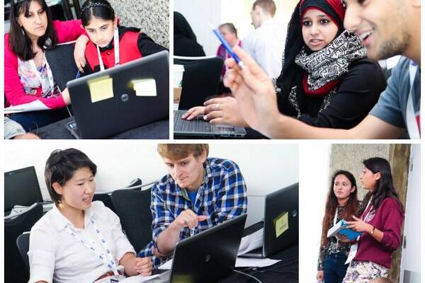 Collage of images showing people working on laptops.