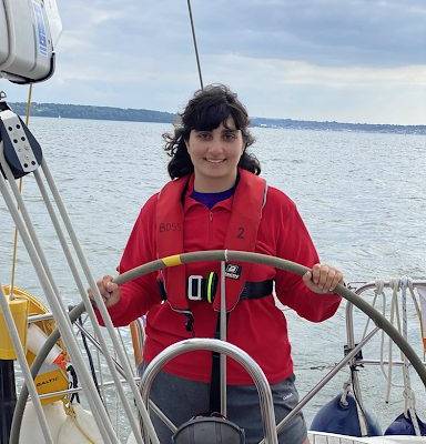Maya Korouei on a boat wearing a life jacket.