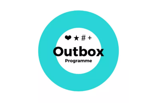 Blue circle with white centre containing black text reading 'Outbox Programme' and 4 emoticons.