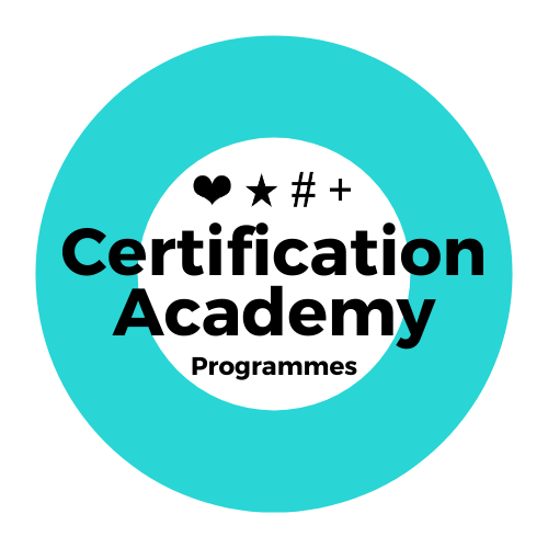 Blue circle with white centre containing black text reading 'Certification Academy Programmes' and 4 emoticons.