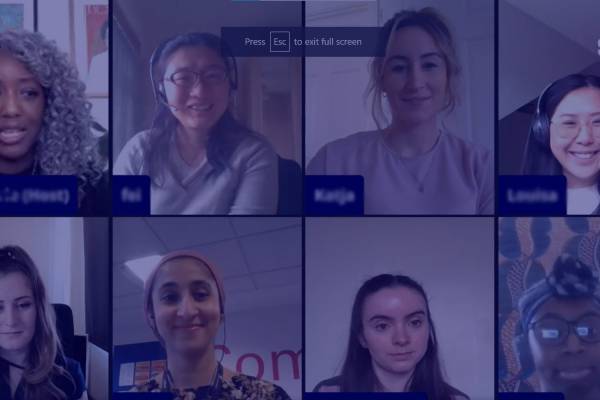 Screenshot of Stemettes Siemens Women in STEM Panel smiling. Image has a blue overlay.