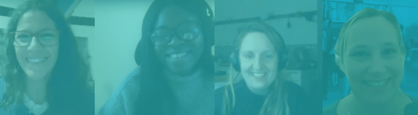 Screenshot of Bootcamp attendees smiling. The image has a blue overlay.