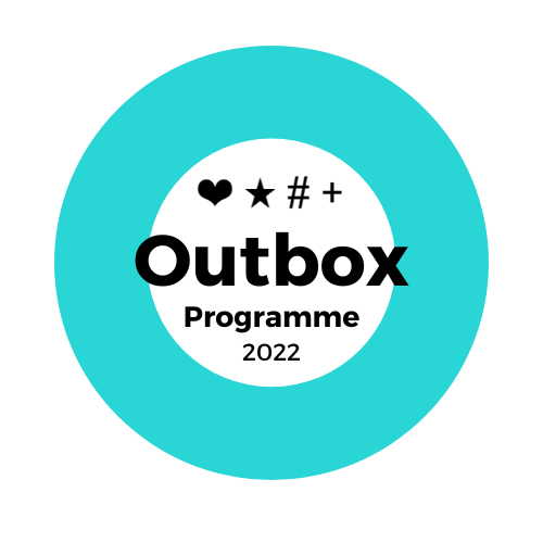 Blue circle with white centre containing black text reading 'Outbox Programme 2022' and 4 emoticons.