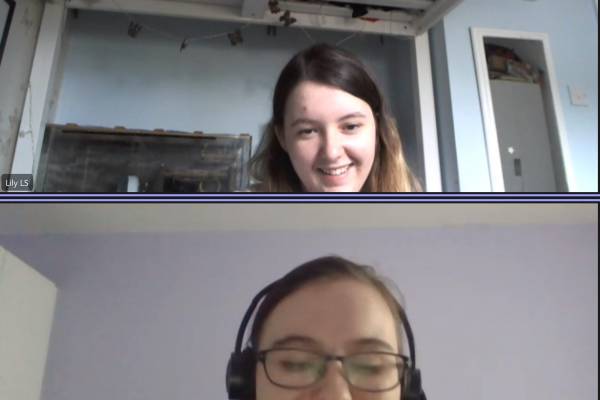 Two people talking to eachother on Microsoft Teams. Their names can be seen in the bottom left corner of eich of their screens. The top image reads Lily LS and the bottom reads Sarah SW.