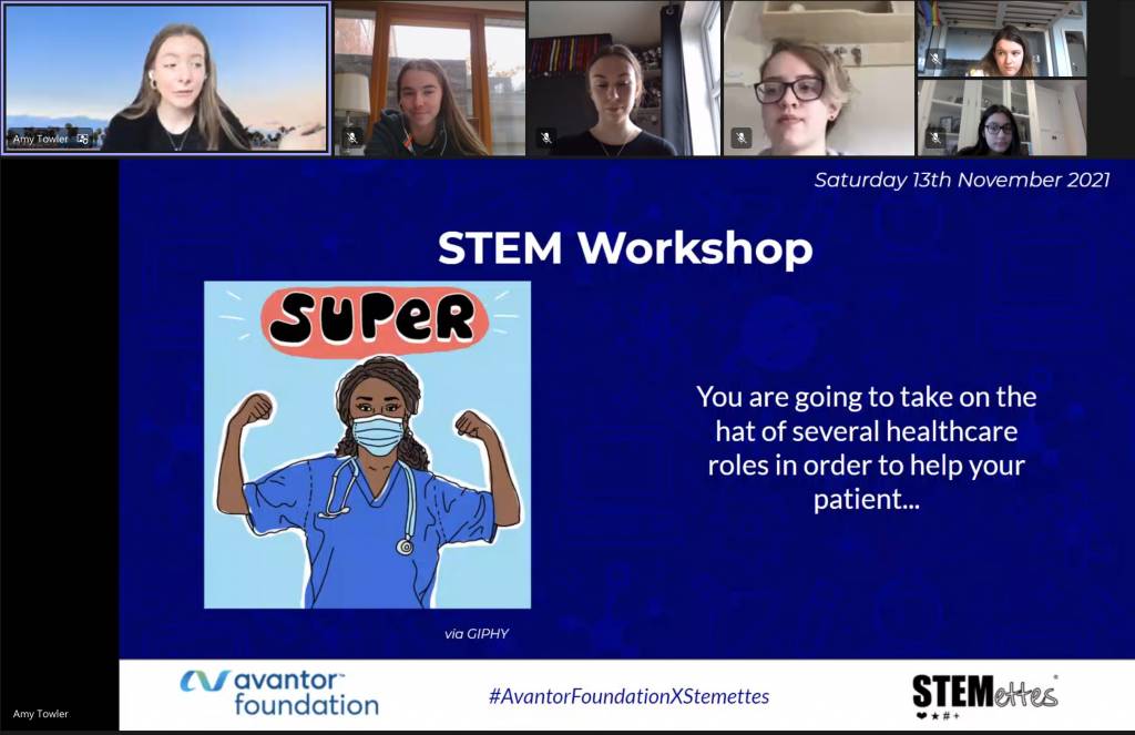 Screen grab of STEM workshop meeting with slide shared containing text: 'STEM Workshop: You are going to take on the hat of several healthcare roles in order to help your patient'. Above slide is participant and team stemette images