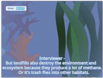 GIF of a dead fish caught in a plastic bag under water. Seaweed can be seen in the background. Text at the bottom of the GIF reads 'Interviewer- but landfills also destoy the environment and ecosystem because they produce a lot of methane. Or it's trash flies into other habitats'.