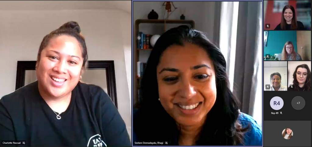Screen Grab from connect morning panel showing a member of Team Stemette and role model faces on screen in a Microsoft Teams call