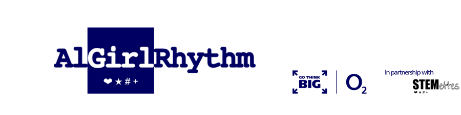 AlgirlRhythm logo including the logos of O2, Go Think Big and Stemettes on a white background