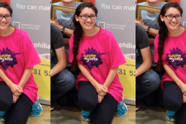 Three side by side images of Alexandria Sterling wearing a pink t shirt smiling and posing in front of a banner.