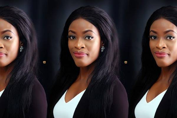 Three side by side images of Amanda Obidike wearing a white shirt and black blazer smiling in front of a black background.