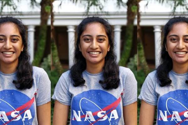 Three side by side images of Ayushi Khetani wearing a grey NASA shirt smiling in front of a building.