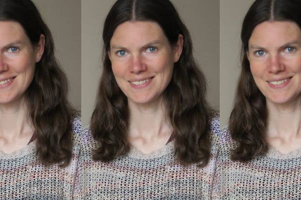 Three side by side images of Catherine Jones wearing a colourful jumper smiling in front of a light coloured background.