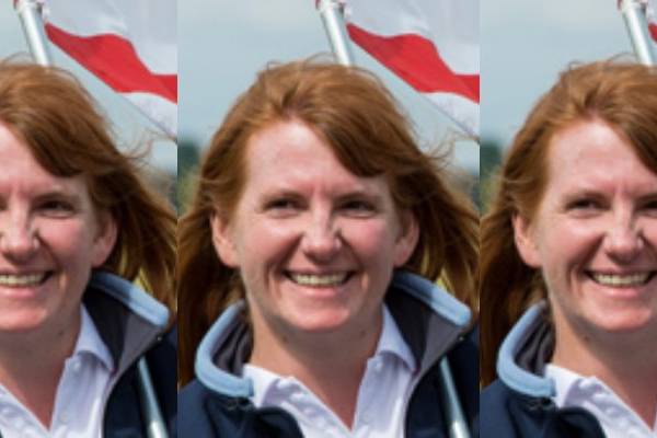 Three side by side images of Claudia Hill wearing a blue fleece smiling in front of a flag.