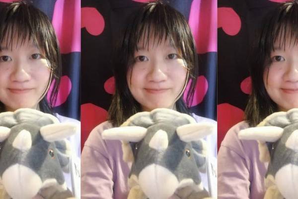 Three side by side images of Hiu Wai wearing a pink shirt smiling in front of a black and pink heart filled background whilst holding a stuffed dinosaur.