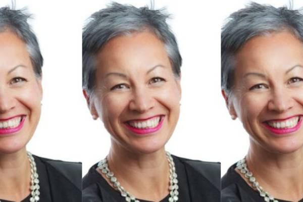 Three images of Jacqueline De Rojas side by side. She has short grey hair, pink lipstick and is smiling. She wears a black blouse and a silver necklace.