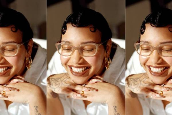Three side by side images of Jazmin Morris wearing glasses smiling and posing in front of a brown background.
