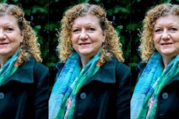 Three side by side images of Jo Ruxton wearing a blue scarf and dark green coat smiling in front of foliage.