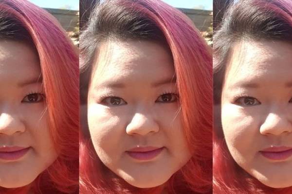 Three side by side images of Laura Hoang with pink hair smiling in front of a sunny background.