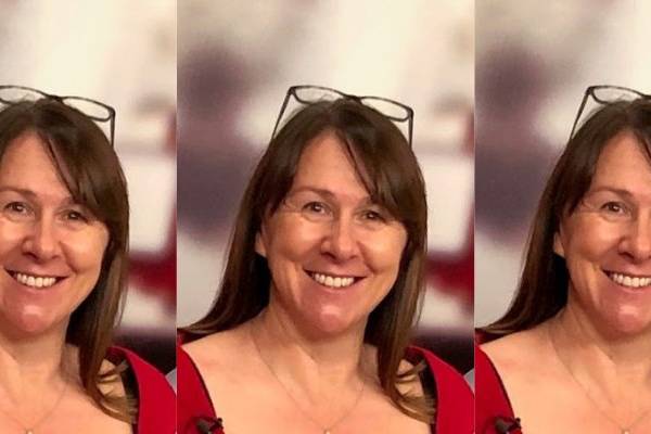 Three side by side images of Michelle Wilson wearing a red shirt smiling in front of a light coloured background.