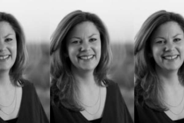 Three black and white side-by-side images of Nicole Kealey wearing a black shirt and smiling in front of a field.