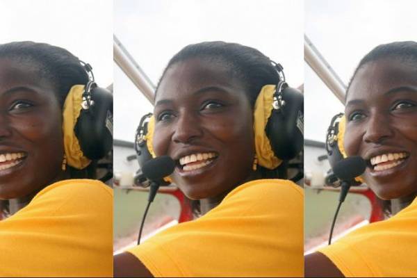 Three side by side images of Patricia Mawuli Porter in a yellow t shirt smiling whilst wearing an aviators' headset.
