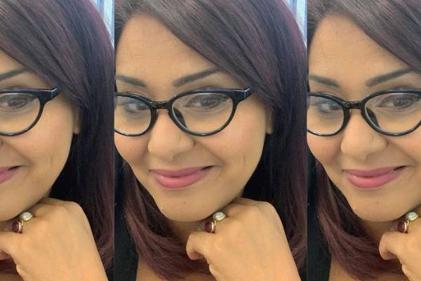 Three side by side images of Rasha Gadelrab wearing glasses smiling in front of a white background.