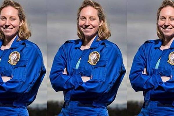 Three side by side images of Dr Suzie Imber wearing a space suit smiling and posing in front of a grey background.