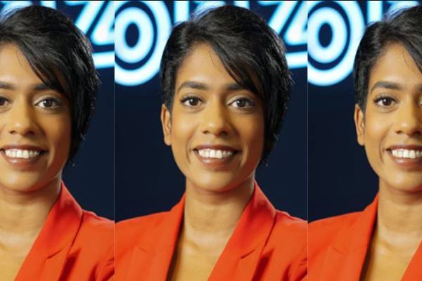Three images of Sheree Atcheson side by side. She is wearing a red blazer and has short black hair in a side part. She is smiling against a black and white background.