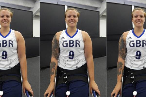 Three side by side images of Jude Hamer wearing a sporting outfit whilst sitting in her wheelchair smiling in front of a black background.