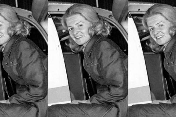 Three black and white side by side images of Sheila Scott wearing a coat smiling whilst entering an aircraft.
