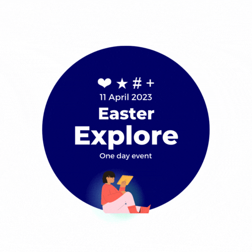 Dark blue circular logo containing the text '11 April 2023, Easter Explore, One day event'. The bottom of the logo shows a graphic of a young woman looking at a laptop.