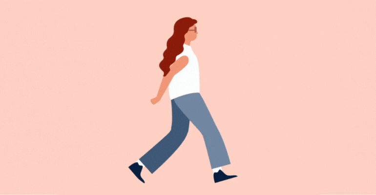 Cartoon GIF of a woman walking towards the right. She is on a pink background and wears a white t shirt, blue trousers and glasses. She has red hair.