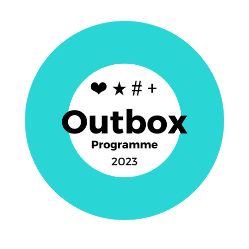 Outbox 2023 programme logo in a blue and white circle with transparent background.