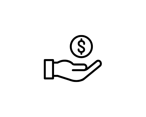 A simple icon image of a hand catching a dollar. The icon has a black outline and is on a white background.