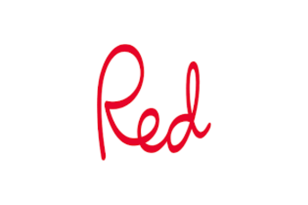 Red logo on a white background
