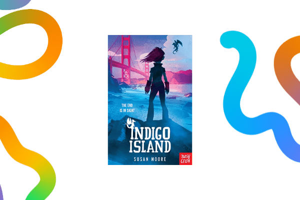 Indigo Island book cover on a transparent background with colourful noodles