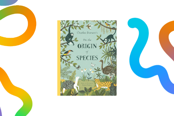 On the Origin of Species book cover on a transparent background with colourful noodles