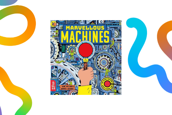 Marvellous Machines book cover on a transparent background with colourful noodles