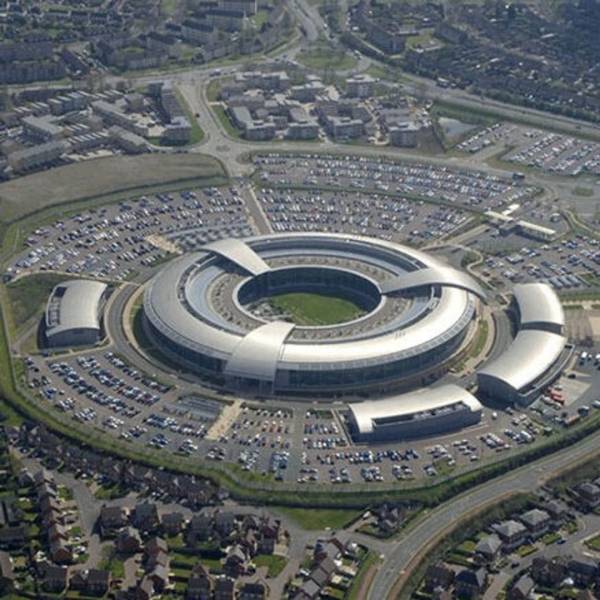 The GCHQ building (the donut) in the middle of a city.
