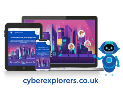 A robot and iPad with the cyberexplorers.co.uk URL | Stemettes Zine