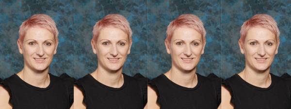 Charlotte Briers is smiling at the camera. She is wearing a black top and is in front of a marbled blue background. She has short pink hair. The image is repeated 4 times.