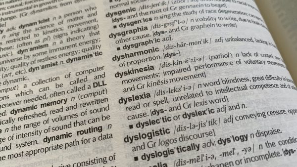 A dictionary showing several words, focusing on the word dyslexia.