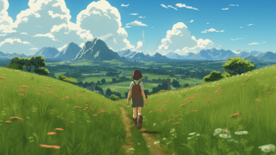 Alternative text: a young girl with a bag walking on a path in a valley in Studio Ghibli style. Credit: Midjourney